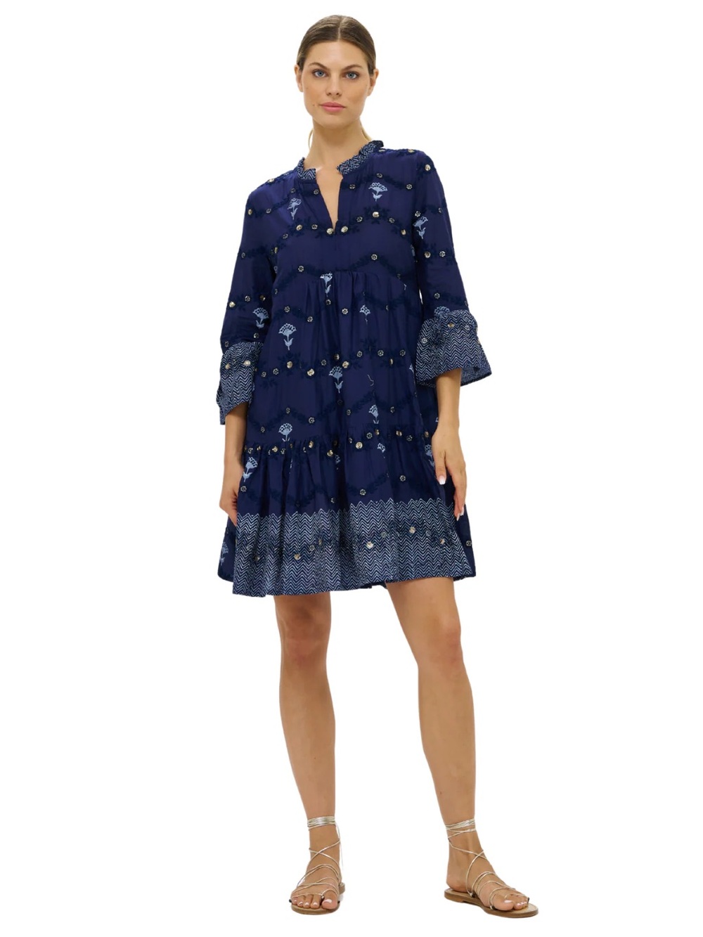 NWT Oliphant Embroidered Bell Sleeve Tiered Midi Dress Camden Navy Size Large